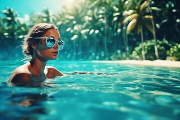 Wall Mural - woman is swimming in the ocean wearing sunglasses