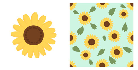 Sticker - Seamless pattern with sunflower and leaves on green background vector. Sunflower icon sign isolated on white background.