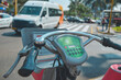 A bike with a green screen that says, rental bikes, bike tourism concept