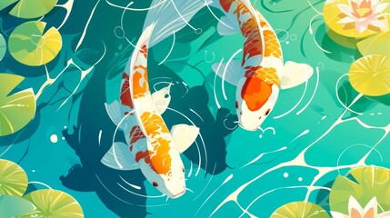 illustration art two KOI in the pool with lotus's flower on the water, background