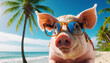 Funny cute pig piggy on tropical island, beach and ocean, concept of travel and tourism in summer