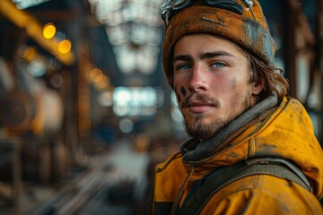 Portrait of a young male worker with helmet and dirty face in an industrial environment