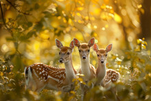 A Small Group Of Deer Cautiously Emerges From The Cover Of The Trees.