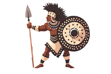 Zulu Impi: A powerful Zulu warrior, armed with an assegai and wearing a cowhide shield, on a minimalist background.