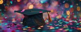 Fototapeta  - Graduation cap with confetti background.