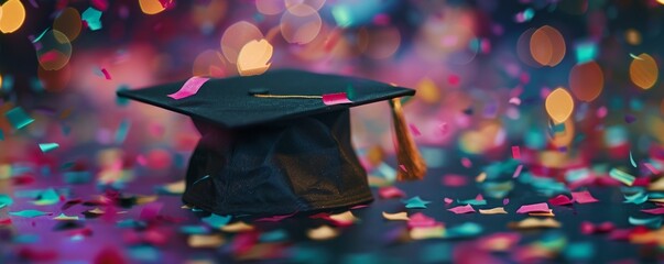 Graduation cap with confetti background.
