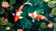 illustration art two KOI in the pool with lotus's flower on the water, background