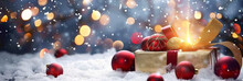 Christmas Background With White Snow, Gift Box With Golden Ribbon On The Right Side And Red Christmas Balls Around It. Copy Space