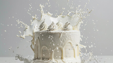 Wall Mural - White cake with splashes of cream against white background, AI
