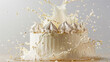 White cake with splashes of cream against white background, AI