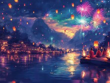 A Painting Of A River With A Group Of People Sitting On A Boat And Fireworks In The Background. The Mood Of The Painting Is Peaceful And Serene, With The Fireworks Adding A Touch Of Excitement