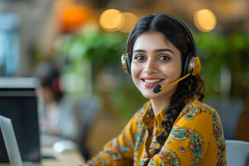 Happy Indian call center agent wearing headset talking to client working in customer support offic