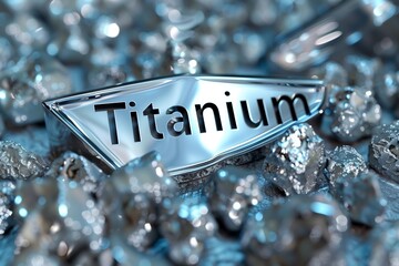 a sign that says Titanium with a raw titanium ore around it
