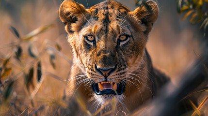  Description: A close-up photograph of a majestic lion staring into the distance in its natural habitat.
