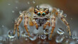 A close-up of a jumping spider surrounded by water droplets with a detailed view of its eyes and hairy legs.

