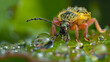 Close-up of a colorful beetle on a leaf with water droplets, showcasing fine detail and texture.
