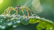 A green jumping spider on a dew-covered leaf with a blurred green background.
