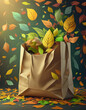 colorful autumn leaves falling into big paper bag