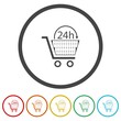 24 hour shopping glyph icon. Set icons in color circle buttons
