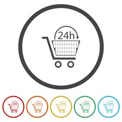 Sticker - 24 hour shopping glyph icon. Set icons in color circle buttons