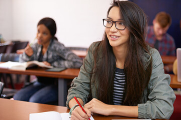 Poster - University student, class and writing in education lecture or college scholarship for learning, campus or studying. Female person, desk and notebook for diploma project or knowledge, course or degree