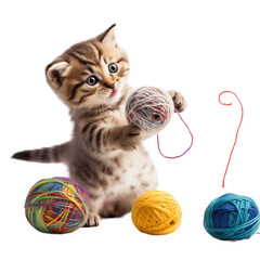 Wall Mural - A kitten is played with a ball of threads on a white background