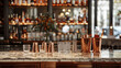 Marble bar counter with copper utensils and shelves with bottles