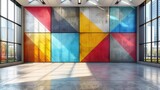 Fototapeta Na drzwi - Eye-catching abstract design of colorful shapes on a concrete wall, within a modern architectural space and natural light