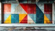 Geometric shapes in red, blue, and yellow hues on a gritty urban wall for a striking abstract expression