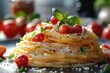 Artistically layered pasta garnished with cherry tomatoes and basil leaves, capturing the essence of comfort food