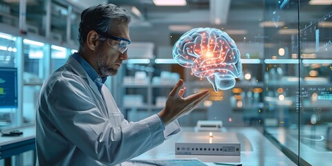 Aufkleber - futuristic researcher examining floating 3d brain model for alzheimer s treatment innovations