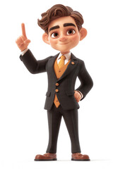 Poster - Cartoon Cute Businessman Points a Finger at an Empty Place on a white background. Generative AI