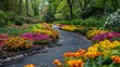 Vivid flowers bordering path as sweeper enhances park s beauty, creating a colorful trail