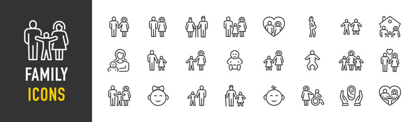 family web icons in line style. parents, mother, father, baby, children, grandparents, collection. v