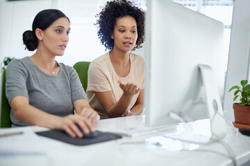 Poster - creative, business and woman on computer in office as web designer for teamwork on digital technolog