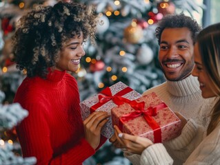 Three people are smiling and holding presents in front of a Christmas tree. The woman in the red sweater is holding a box with a red ribbon, while the other two people are holding boxes as well