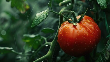 Wall Mural - Tomato in the garden with drops of water. Selective focus.