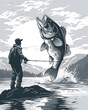 A man is fishing in a lake with a large fish jumping out of the water