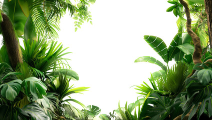 Poster - Frame of tropical plants growing on tree trunks with copy space isolated on white or transparent background