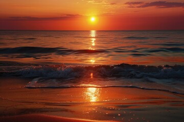 Wall Mural - Sunrise At Sea. Beautiful Beach Sunrise with Sun Reflecting in Water