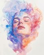 A watercolor painting of a woman's face with colorful smoke surrounding her head.