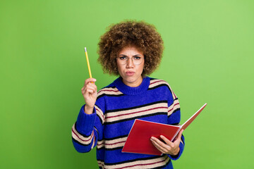 Canvas Print - Photo of serious angry teacher woman wear blue striped stylish clothes hold pen isolated on green color background