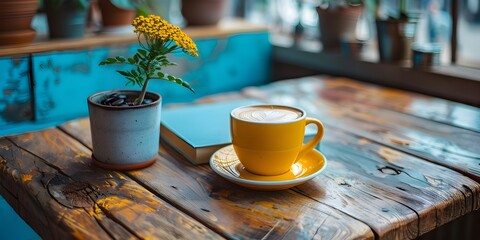 Sticker - Cozy Wooden Table Featuring a Coffee Cup and Potted Flower Adds Warmth and Style to Any Interior description This image depicts a cozy wooden table