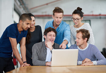 Aufkleber - Internship, employee and office with laptop for teamwork, collaboration and training with mentor. Support, help and learning with technology for career growth, progress and pointing as web designer