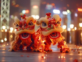 Wall Mural - Two Chinese lion statues are standing on a floor with lights around them. The statues are lit up, creating a warm and inviting atmosphere