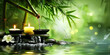 A serene spa setting with candle , water flowing with green bamboo background, zen style, peaceful, tranquil, spa