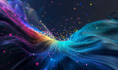 Wall Mural - abstract flowing fluid light particles colorful spectrum smooth curve on black background in concept