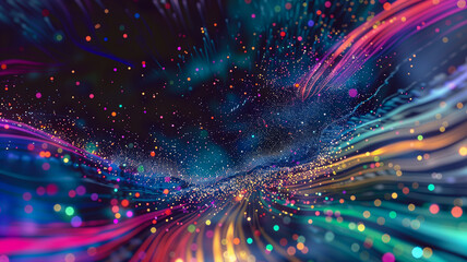 Wall Mural - abstract flowing fluid light particles colorful spectrum smooth curve on black background in concept