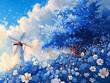 Many blue flowers, in the blue cherry blossom forest, there is a white windmill, yellow small flowers, and the sky is filled with floral details 