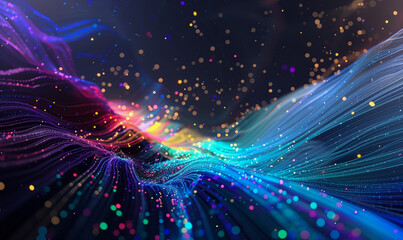 Wall Mural - abstract flowing fluid light particles colorful spectrum smooth curve on black background in concept